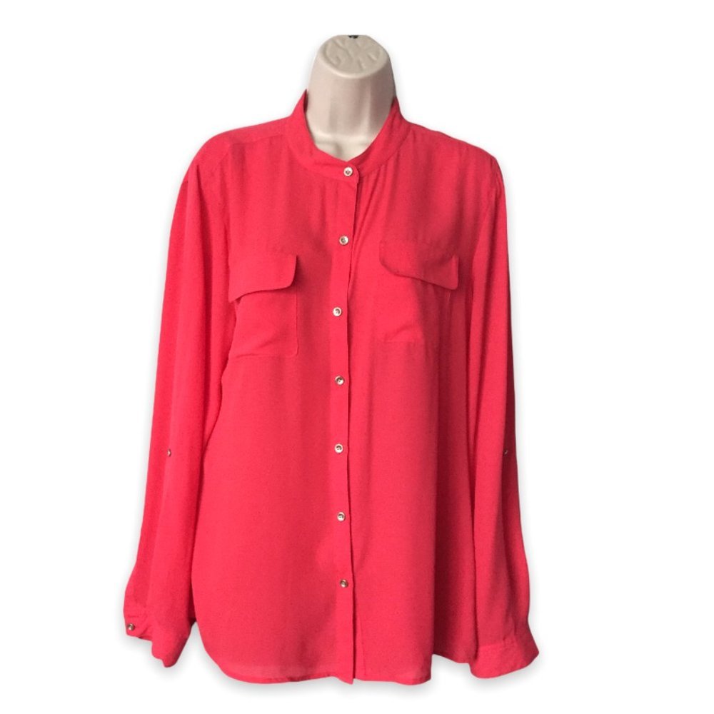 Lord & Taylor Pink Red Chiffon Long Sleeve Button Down Shirt